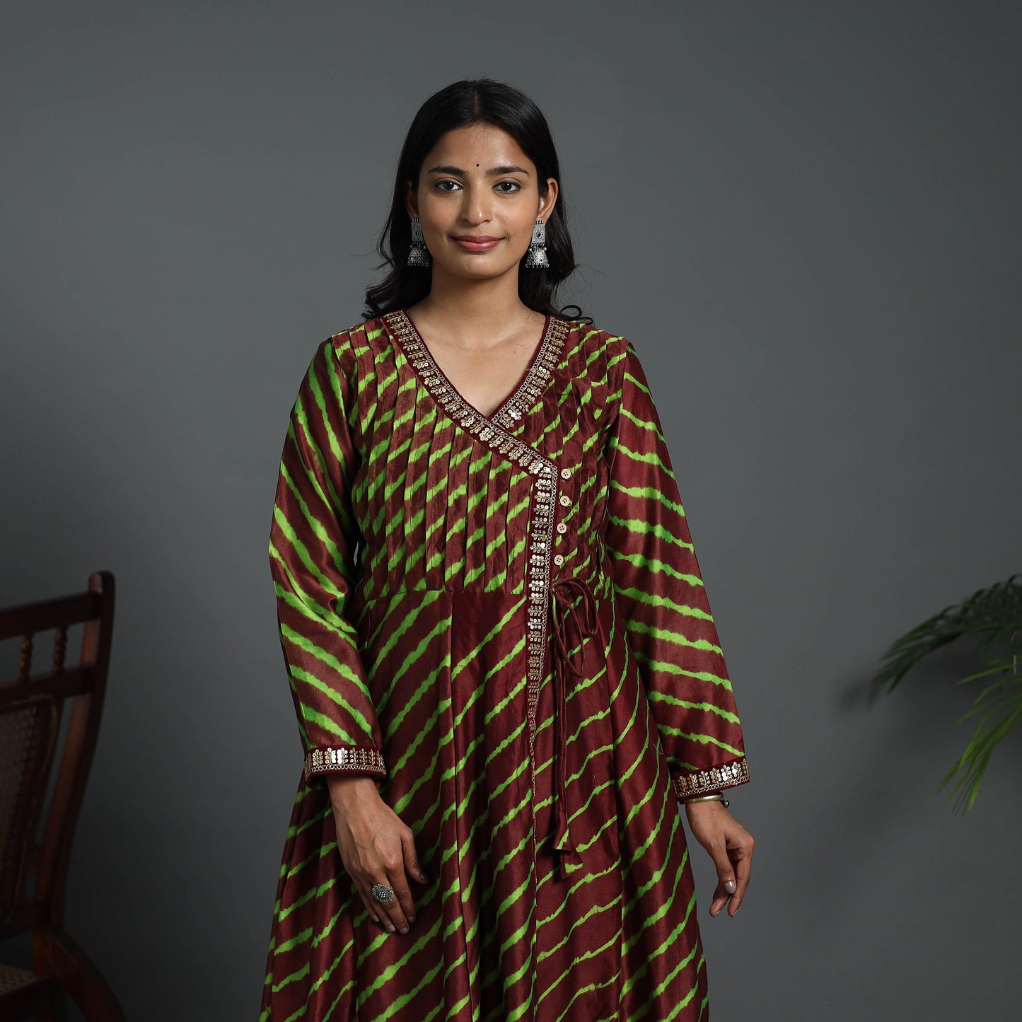 Angrakha Brown Handloom Chanderi Silk Tie-Dye Leheriya Kurta for Women