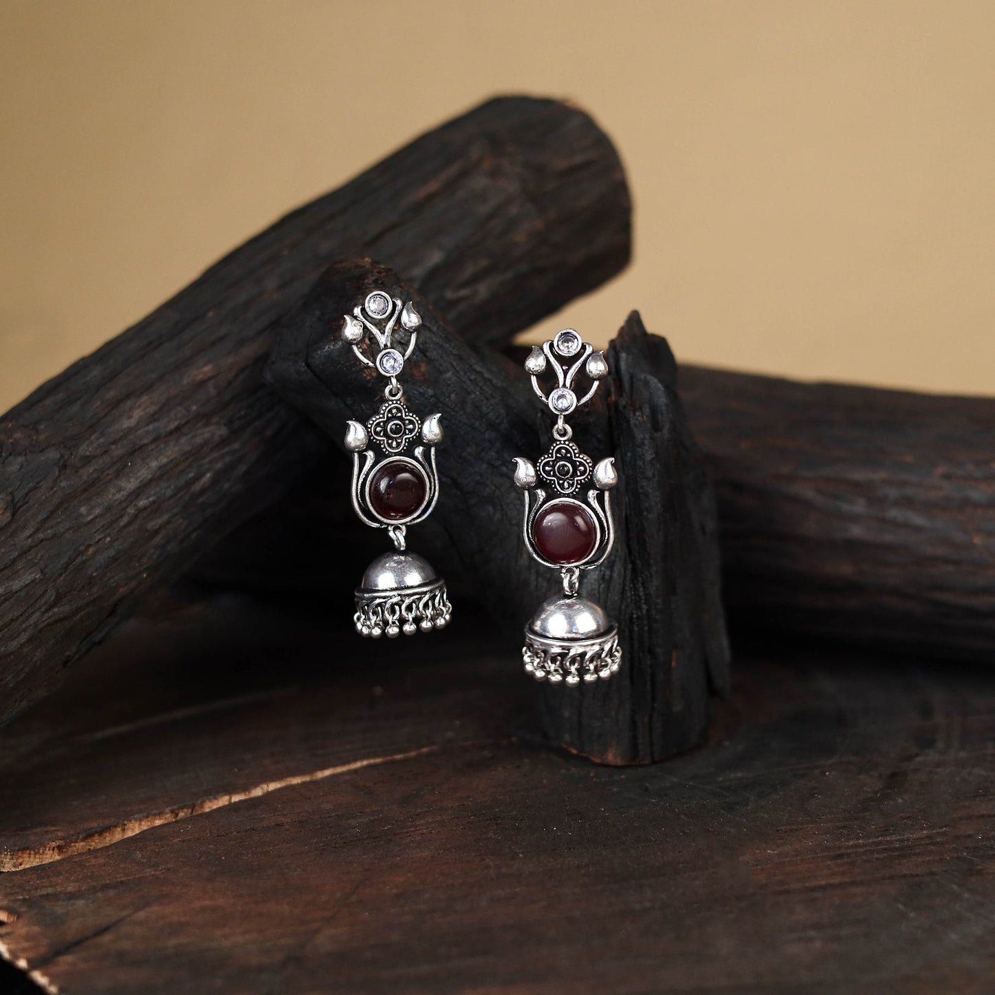 Maroon - antique silver finish oxidised stone work jhumka