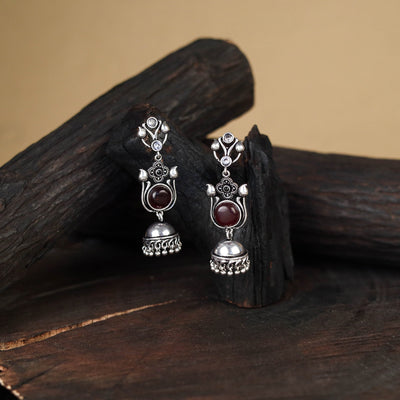 Maroon - antique silver finish oxidised stone work jhumka
