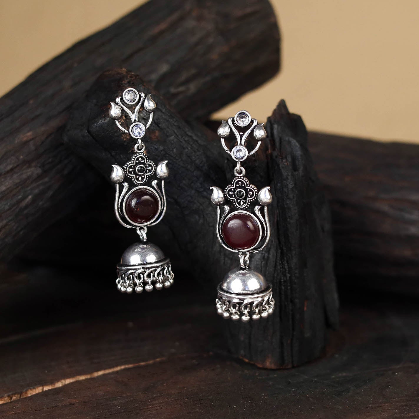 Maroon - antique silver finish oxidised stone work jhumka