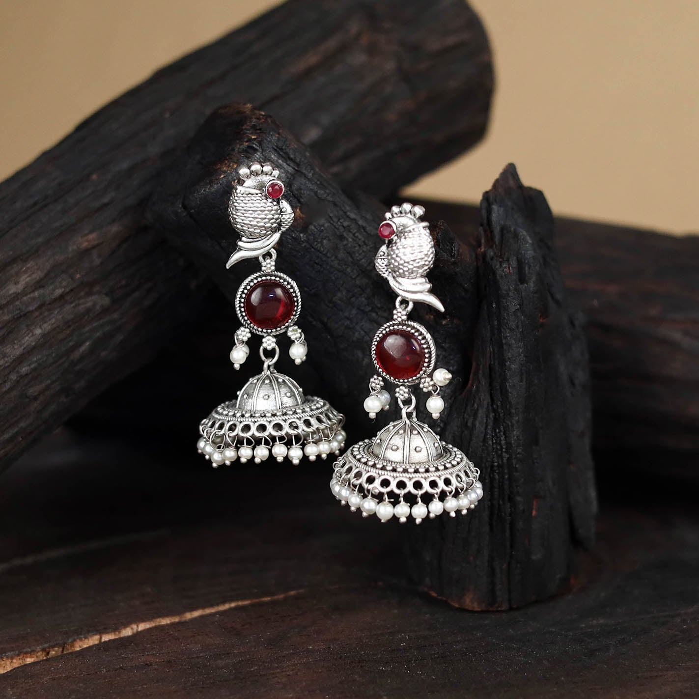 Maroon - antique silver finish oxidised stone work jhumka