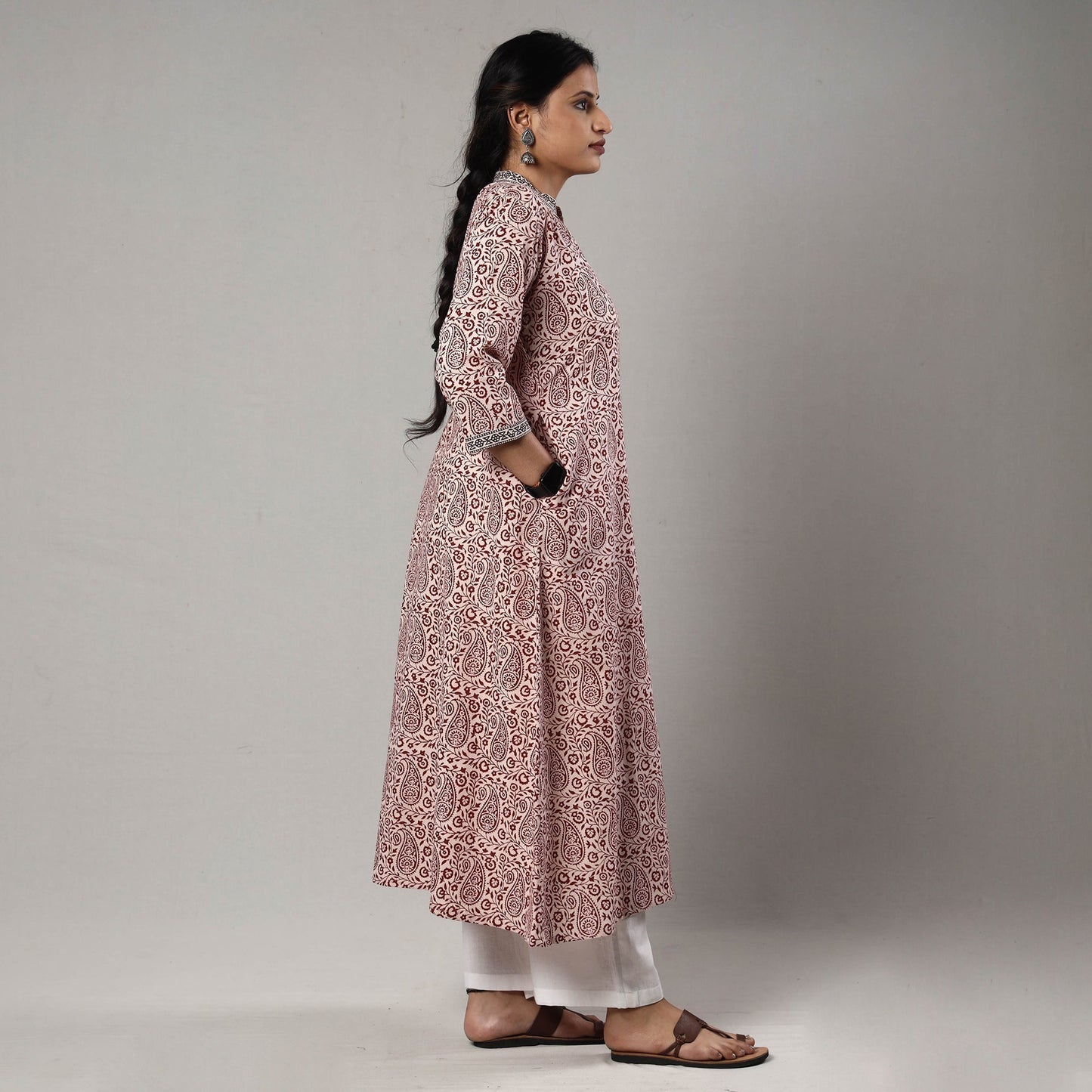 White & red bagh printing cotton long kurta - handcrafted