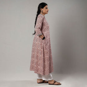 White & red bagh printing cotton long kurta - handcrafted