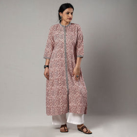 White & red bagh printing cotton long kurta - handcrafted