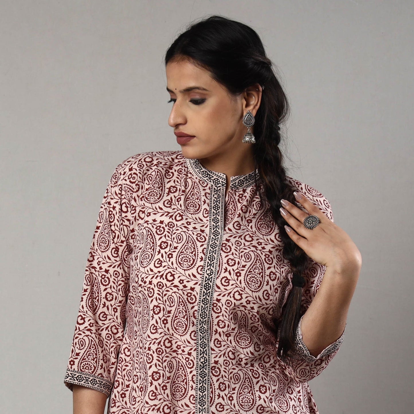 White & red bagh printing cotton long kurta - handcrafted