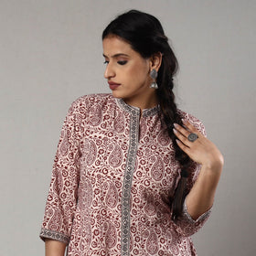 White & red bagh printing cotton long kurta - handcrafted