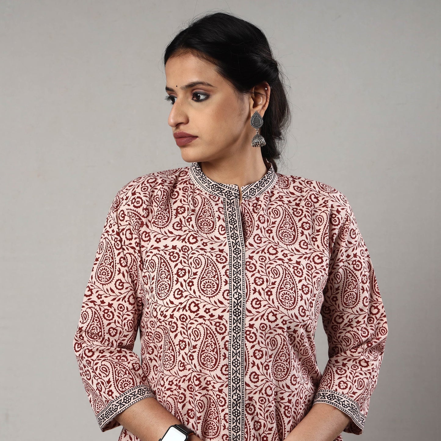White & red bagh printing cotton long kurta - handcrafted