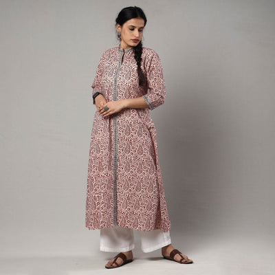 White & red bagh printing cotton long kurta - handcrafted