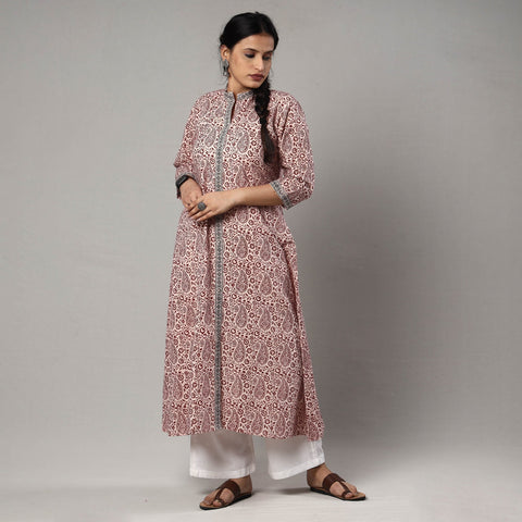 White & red bagh printing cotton long kurta - handcrafted
