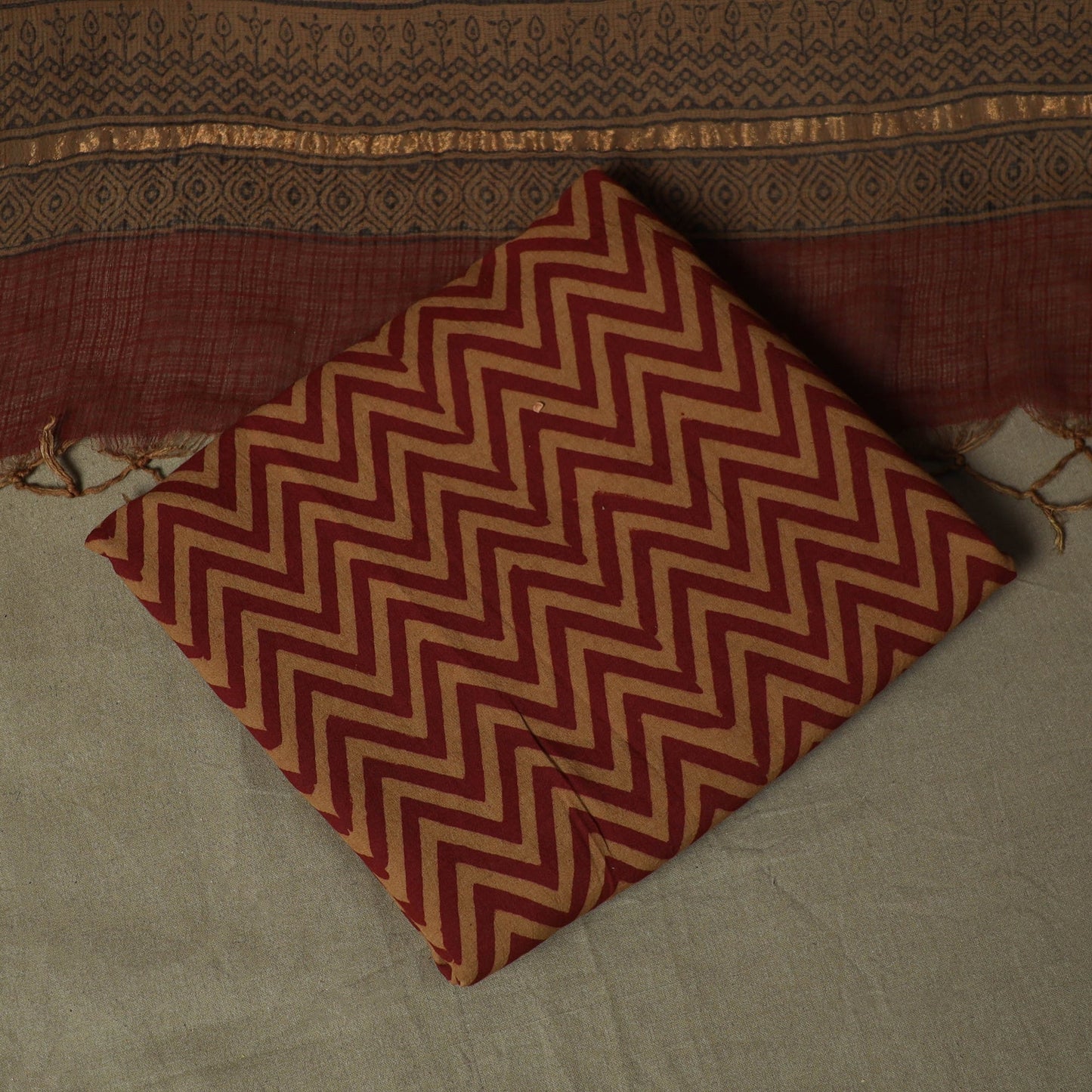 Bagh hand block print natural dyed kota doria cotton 3pc