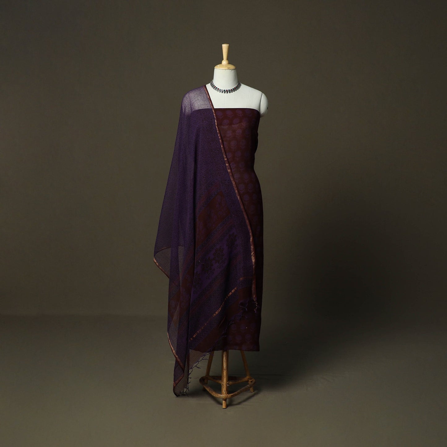 Bagh hand block print natural dyed kota doria cotton 3pc