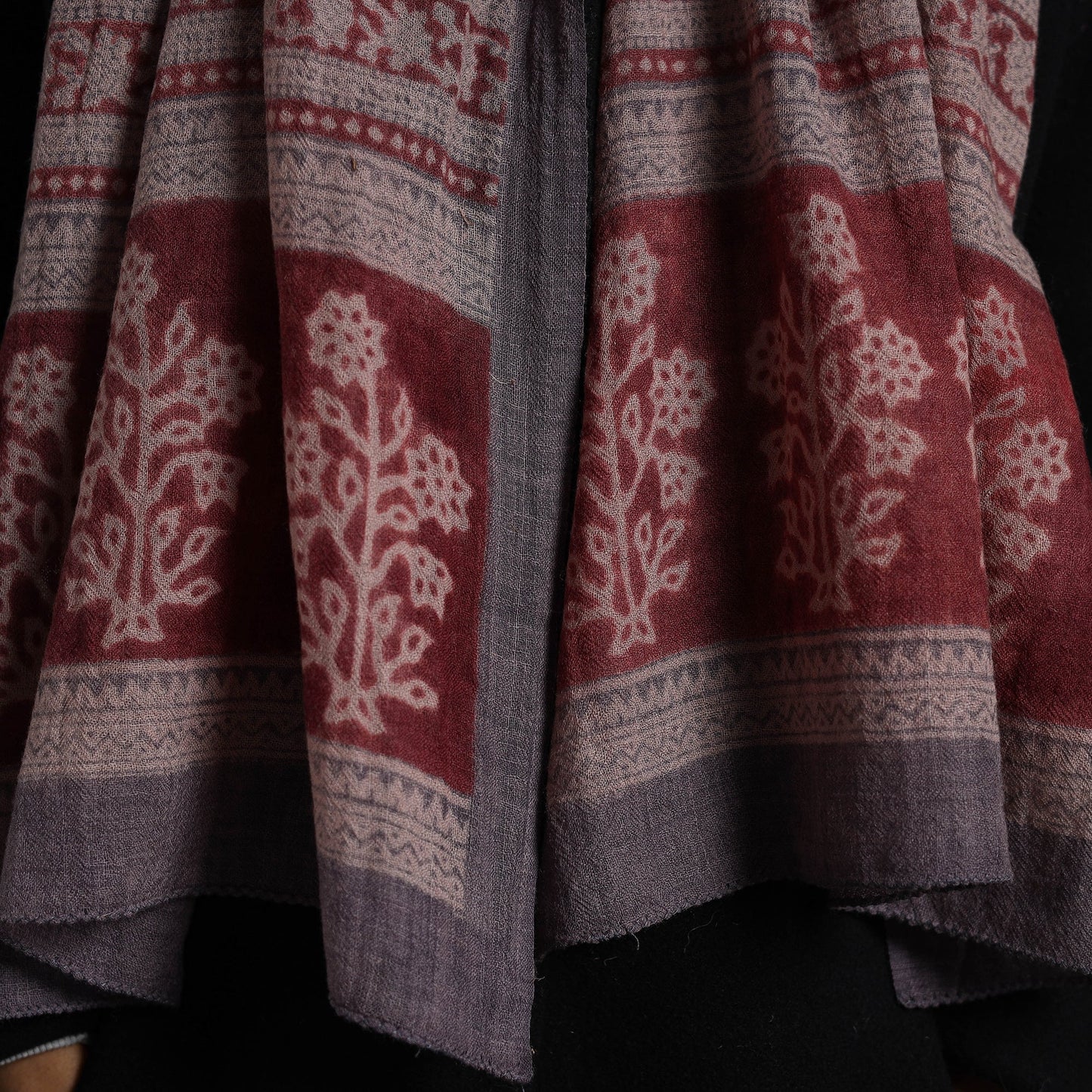 Maroon - bagh hand printed merino woollen stole 01