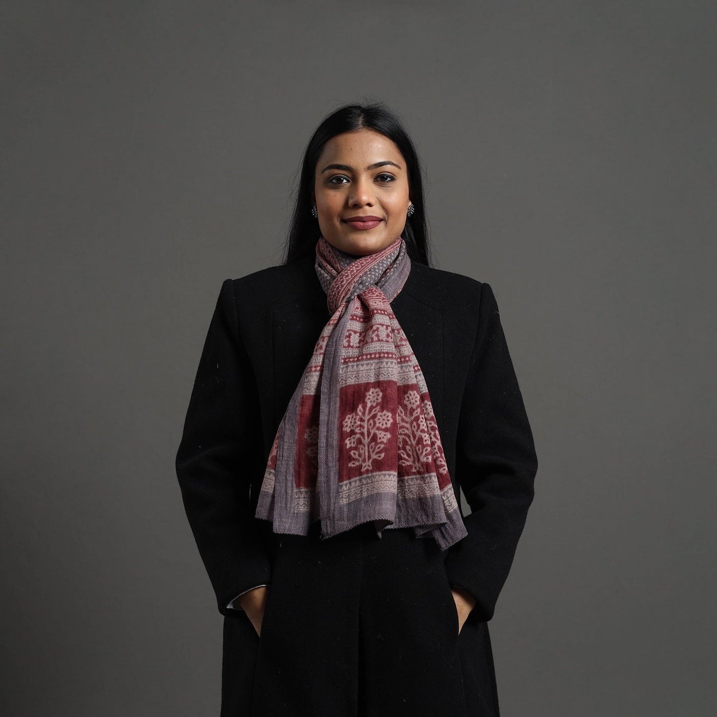 Maroon - bagh hand printed merino woollen stole 01