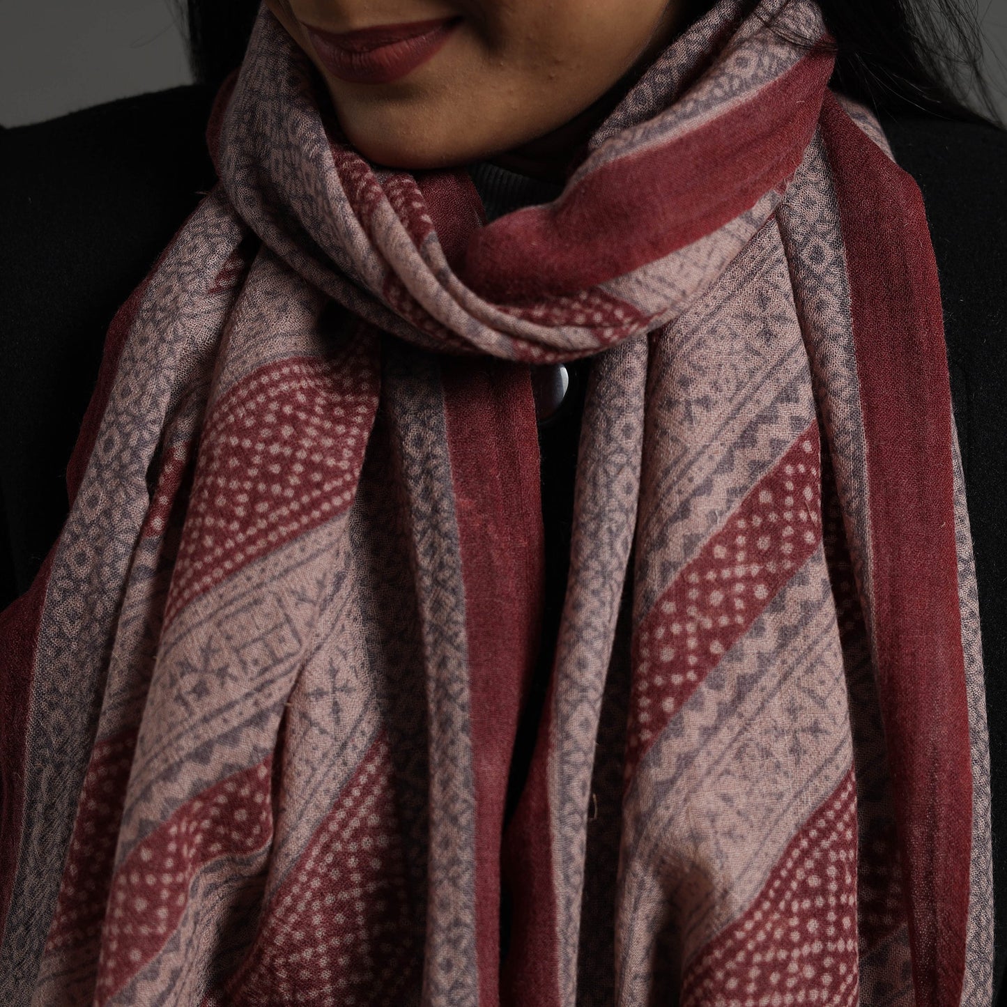 Maroon - bagh hand printed merino woollen stole 02
