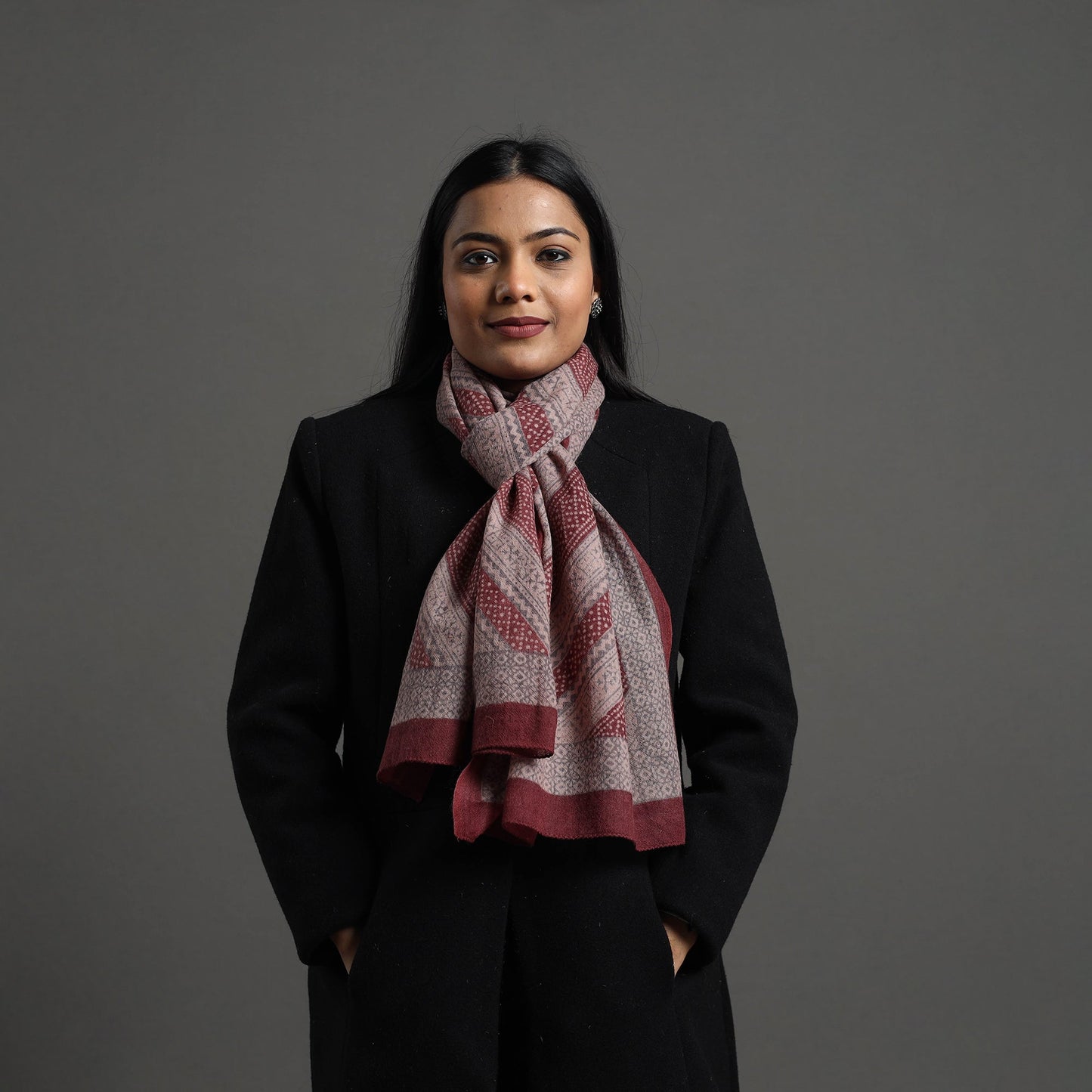 Maroon - bagh hand printed merino woollen stole 02