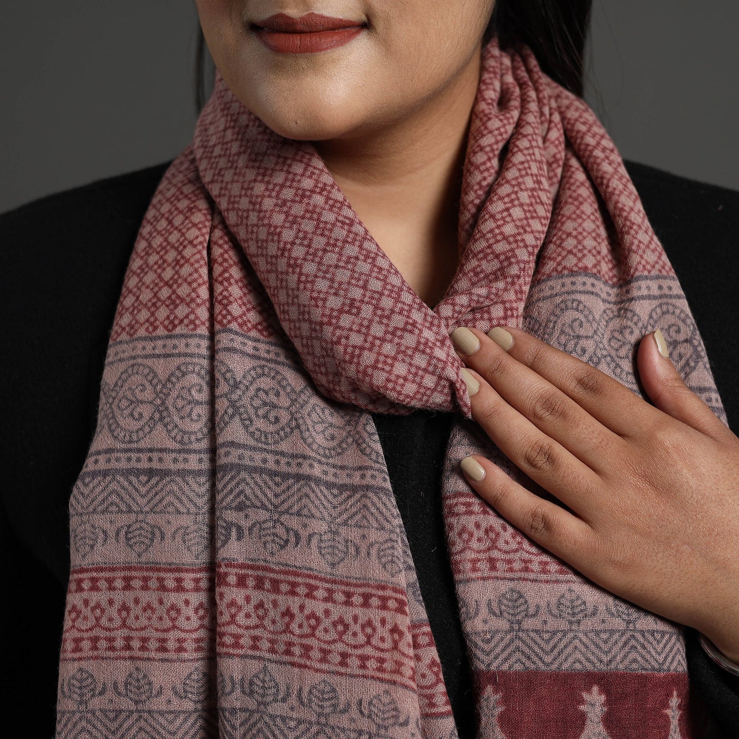  Maroon Bagh Hand Block Printed Merino Woollen Stole