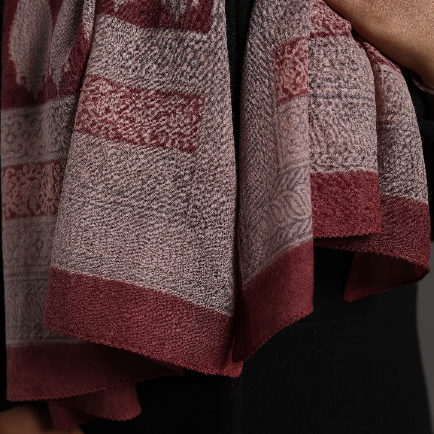 Maroon - bagh hand printed merino woollen stole 42