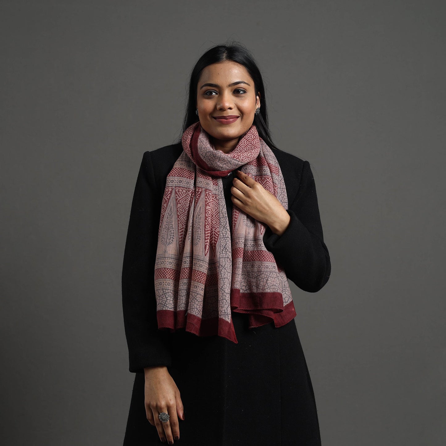  Maroon Bagh Hand Block Printed Merino Woollen Stole