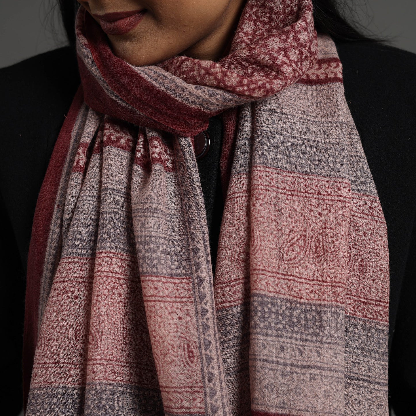 Maroon Bagh Hand Block Printed Merino Woollen Stole