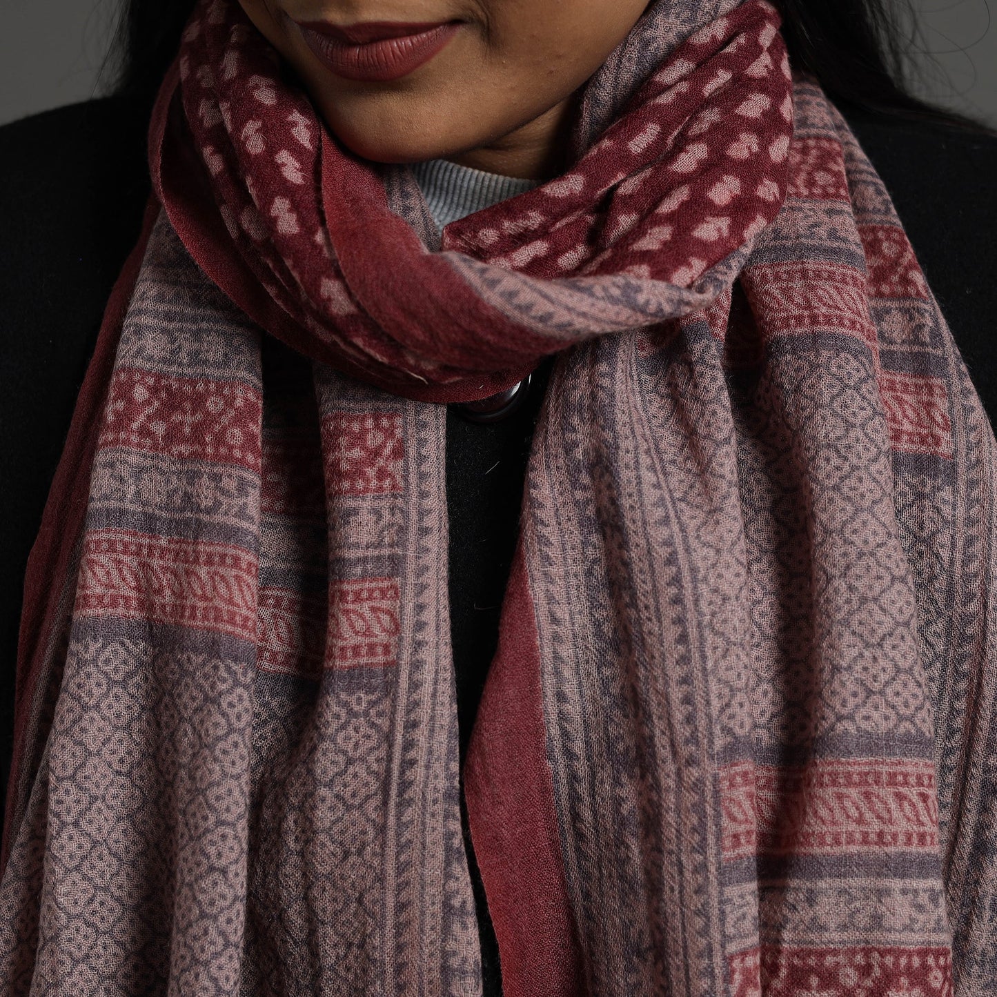  Maroon Bagh Hand Block Printed Merino Woollen Stole