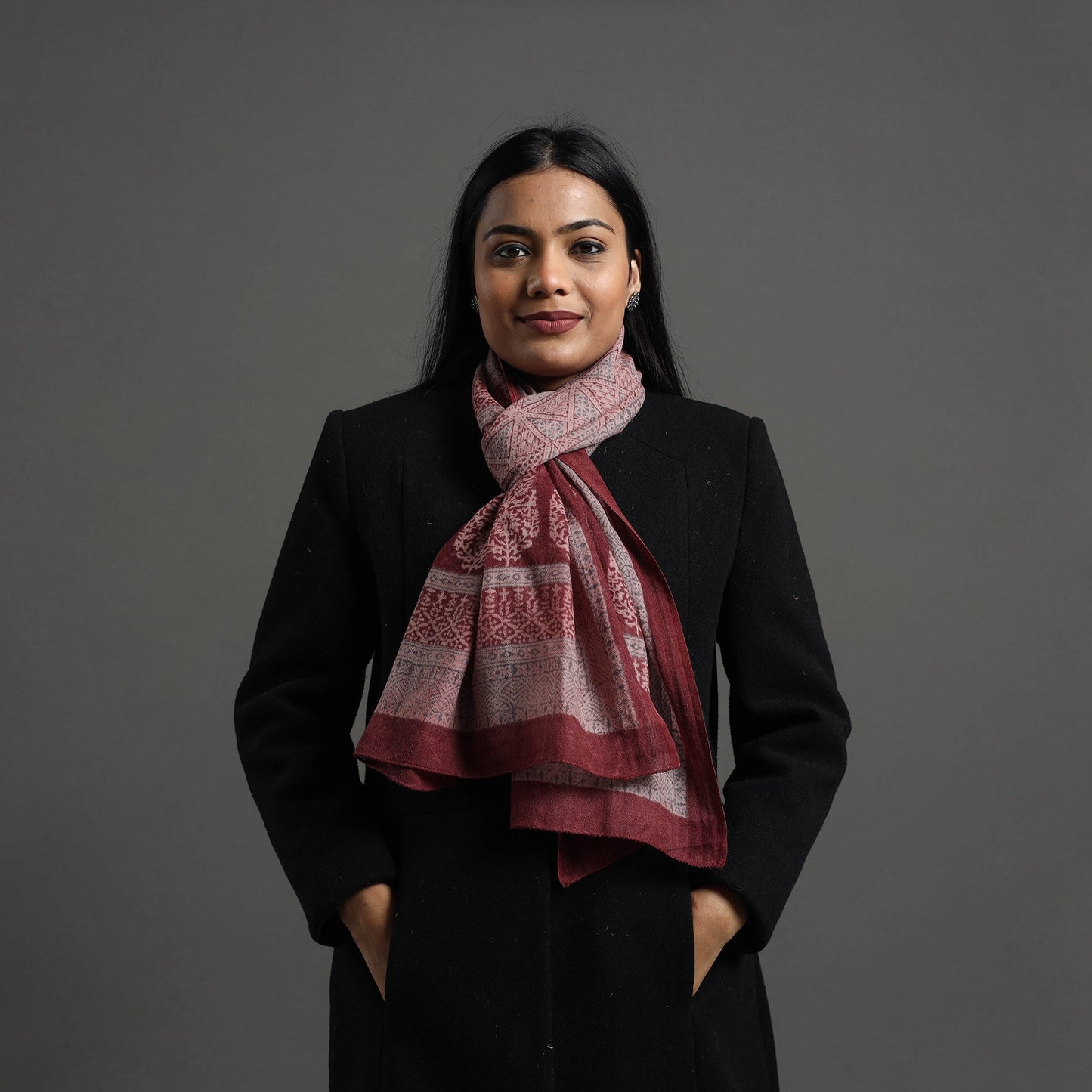Maroon - bagh hand printed merino woollen stole 65