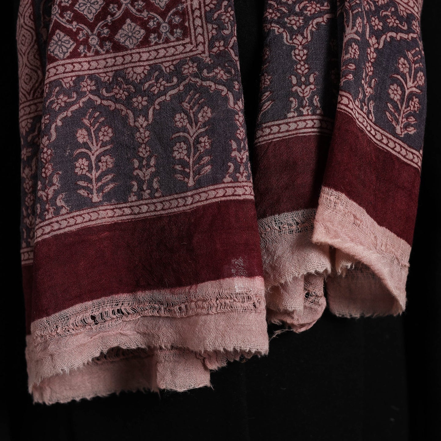 Maroon - bagh hand printed woollen stole 06 - handcrafted