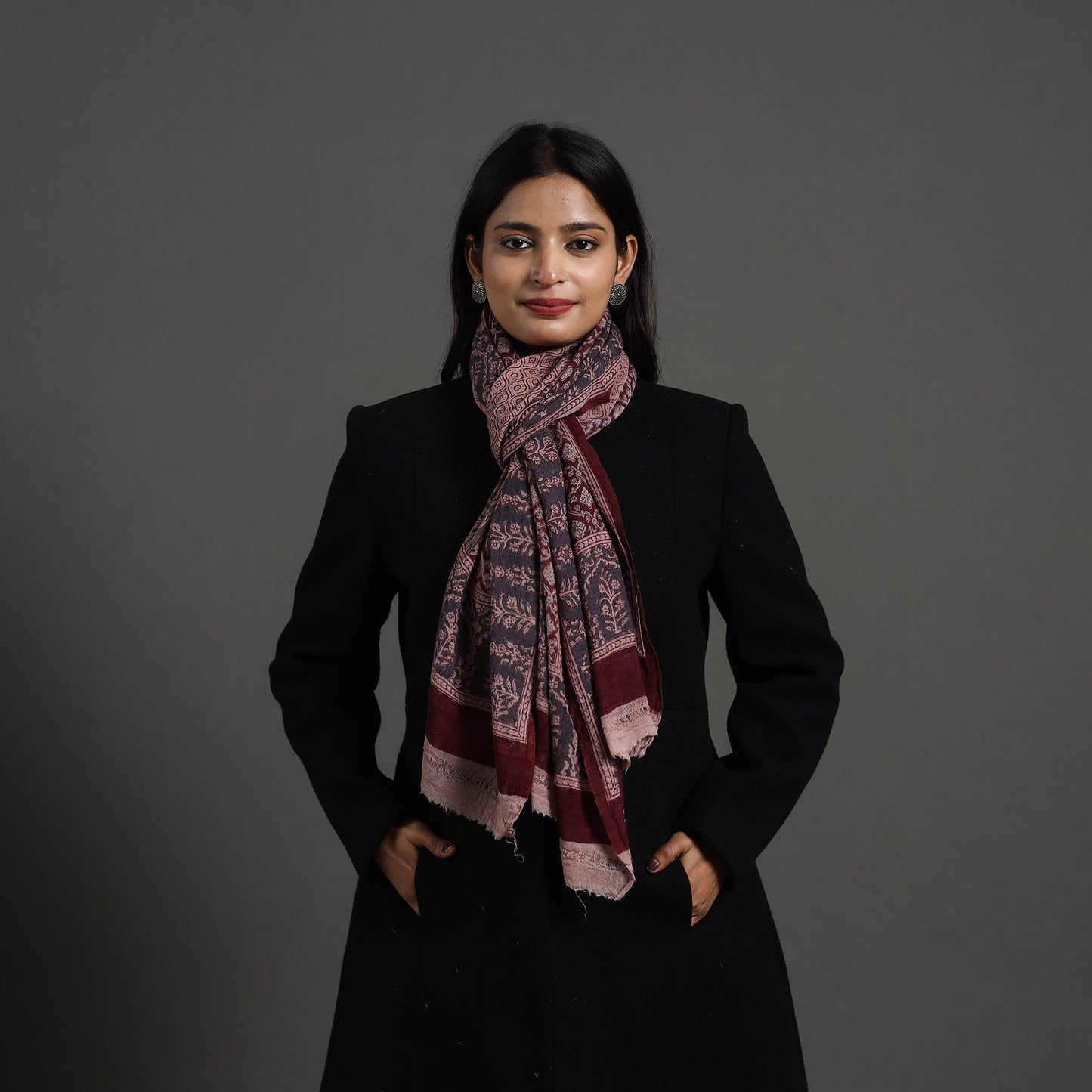 Maroon - bagh hand printed woollen stole 06 - handcrafted