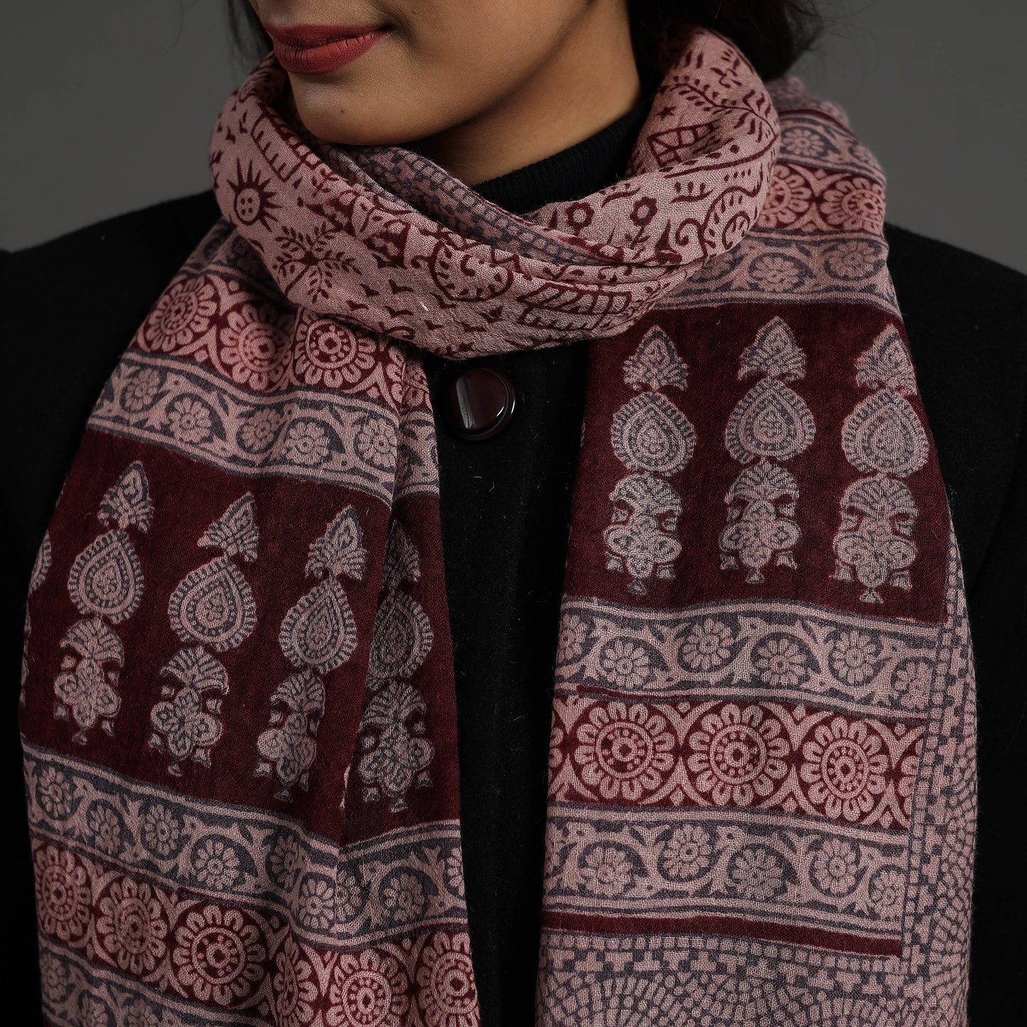 Maroon - bagh hand printed woollen stole 07 - handcrafted