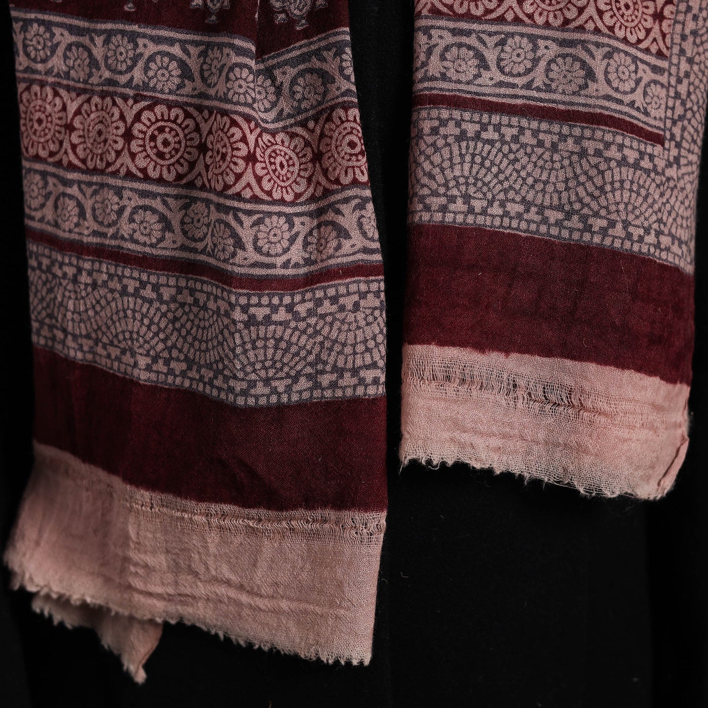 Maroon - bagh hand printed woollen stole 07 - handcrafted