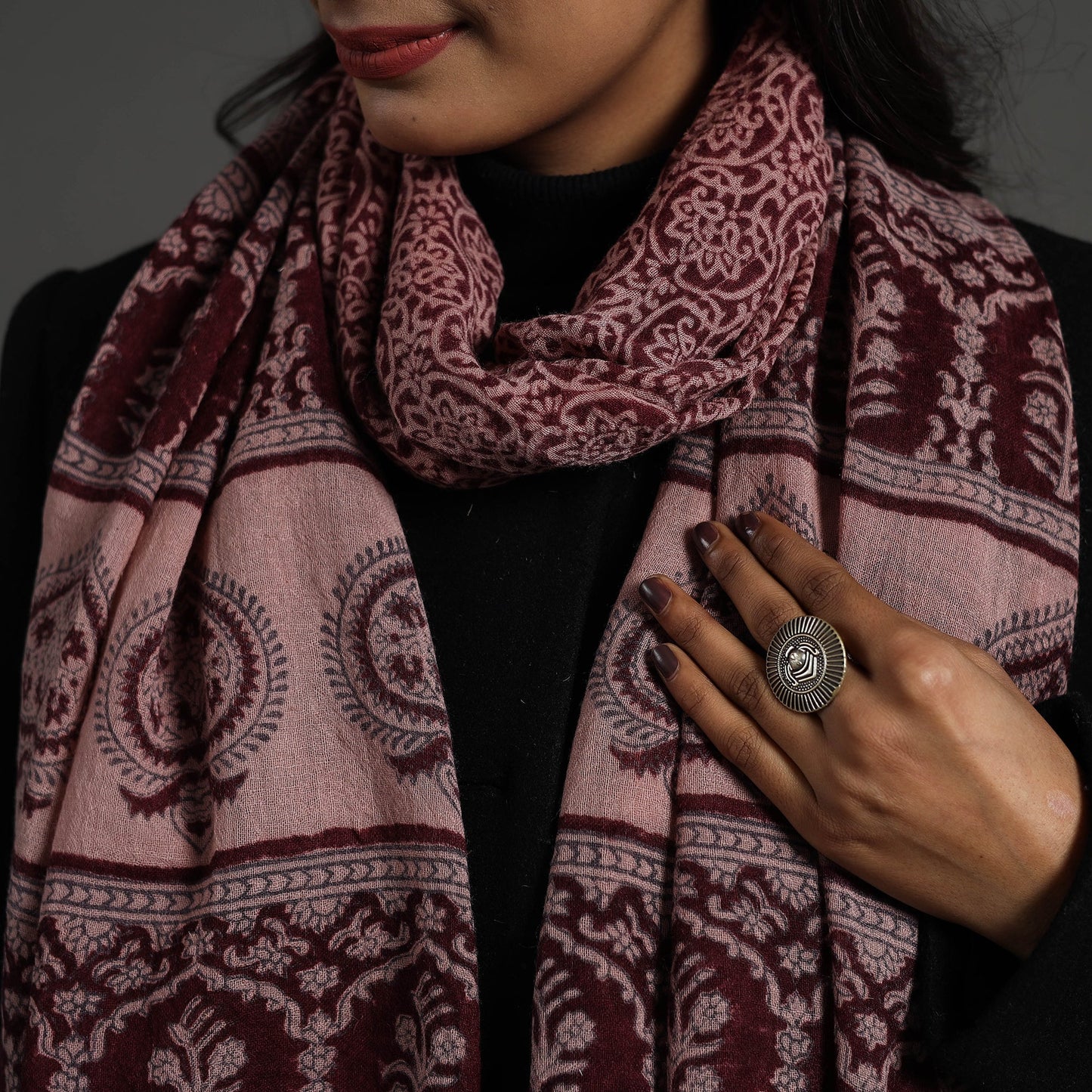 Maroon - bagh hand printed woollen stole 11 - handcrafted