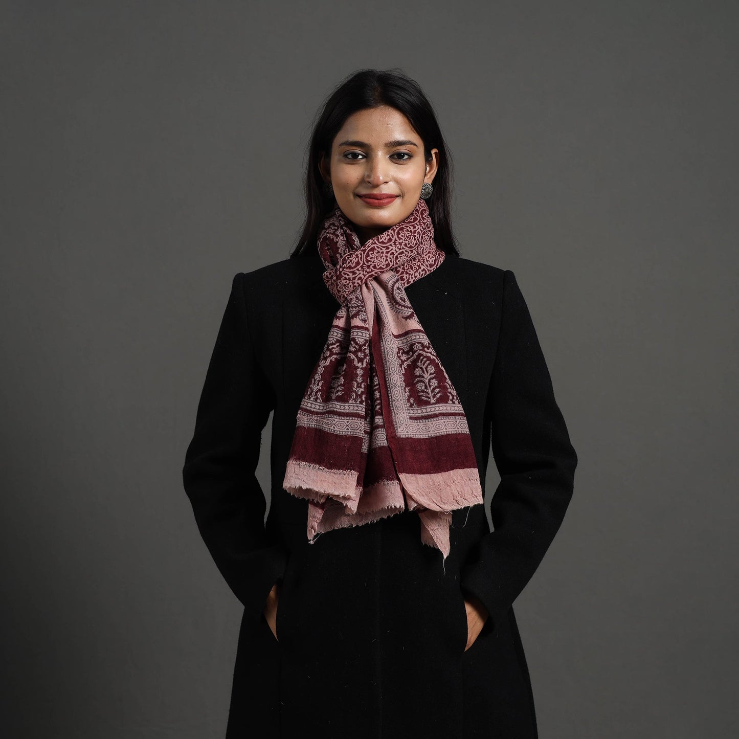 Maroon - bagh hand printed woollen stole 11 - handcrafted