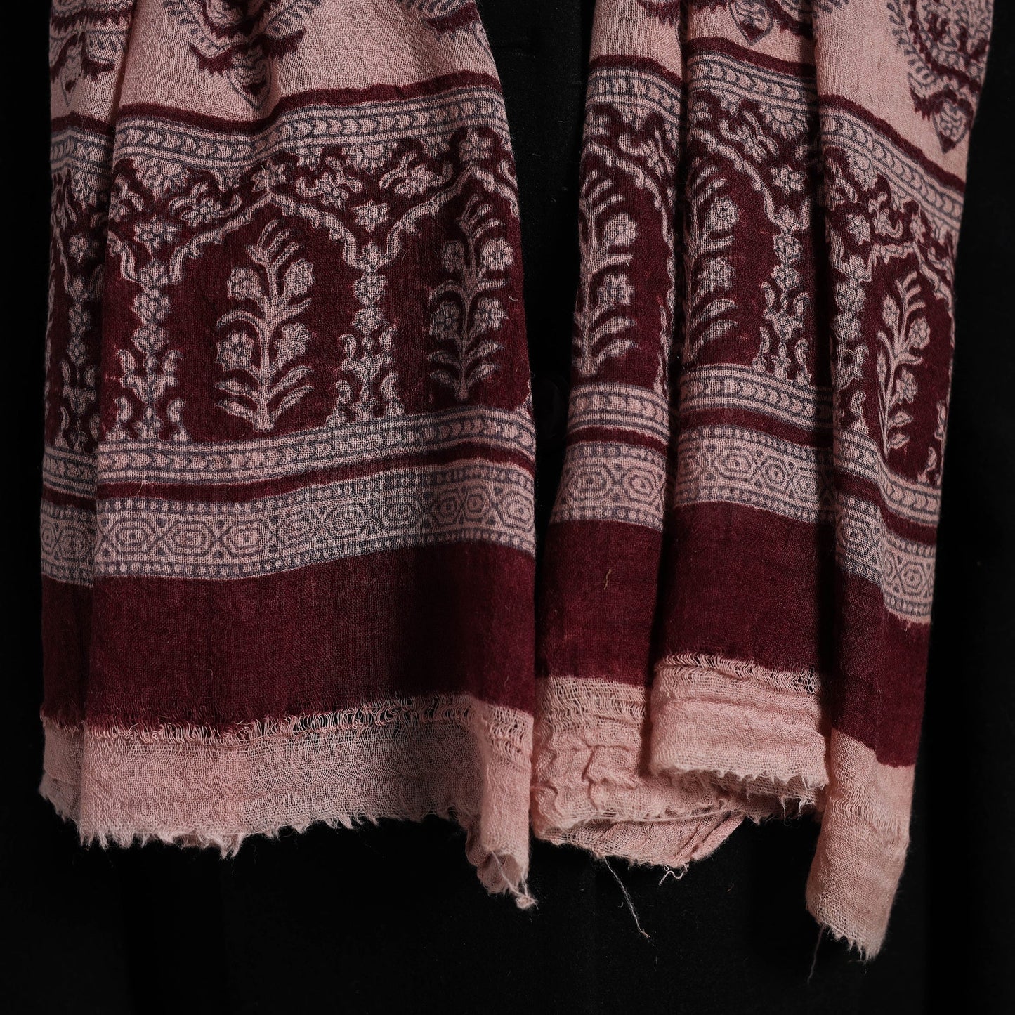 Maroon - bagh hand printed woollen stole 11 - handcrafted