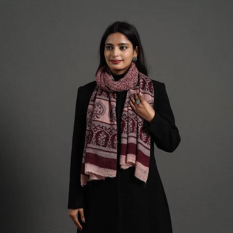 Maroon - bagh hand printed woollen stole 11 - handcrafted