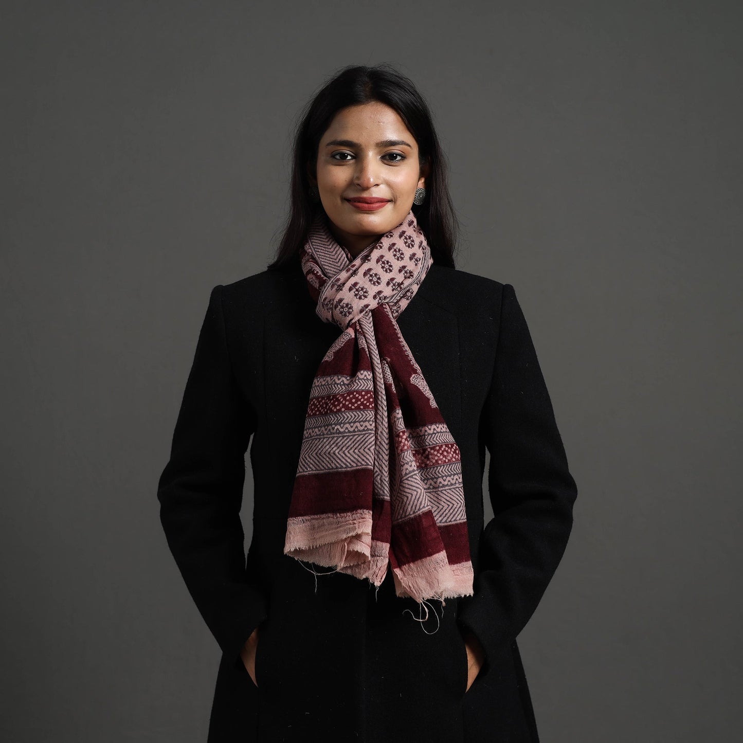 Maroon - bagh hand printed woollen stole 12 - handcrafted