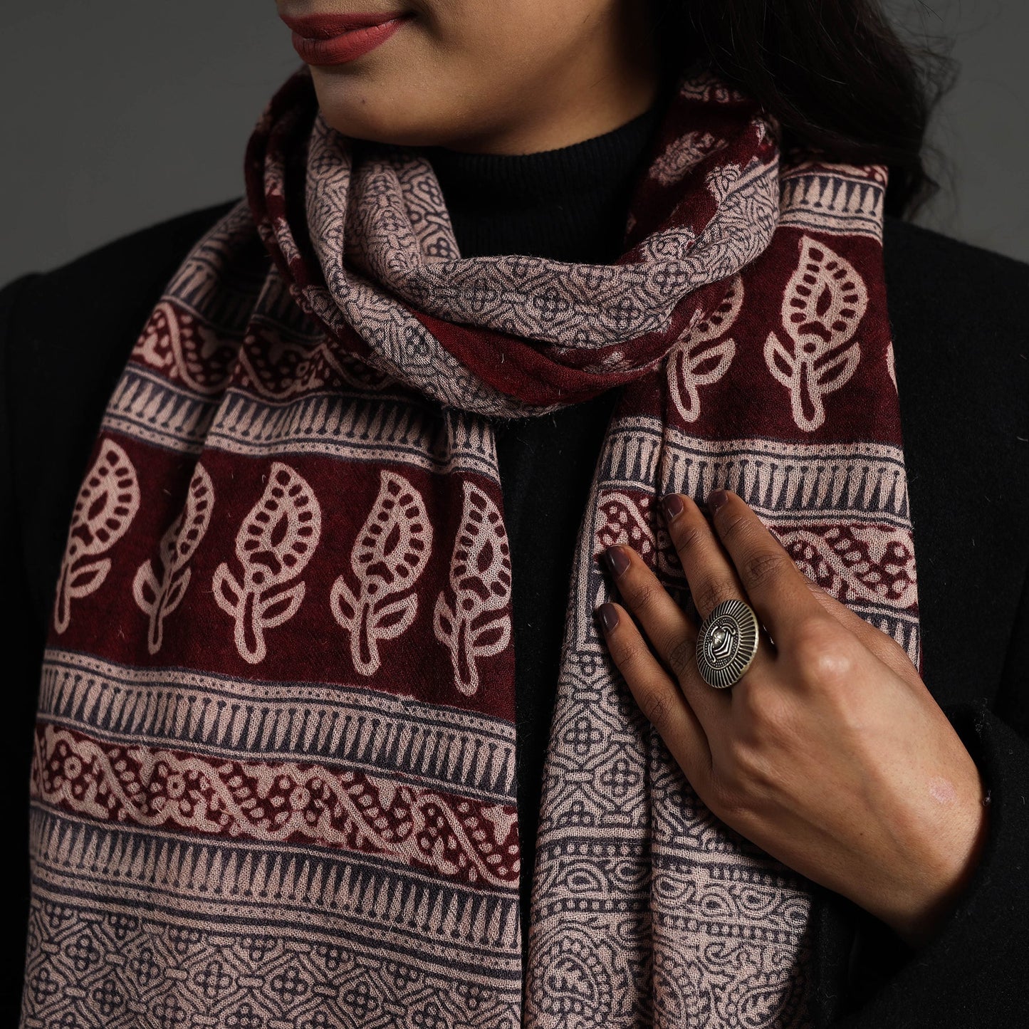Maroon - bagh hand printed woollen stole 14 - handcrafted