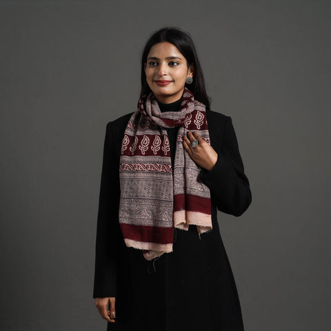 Maroon - bagh hand printed woollen stole 14 - handcrafted