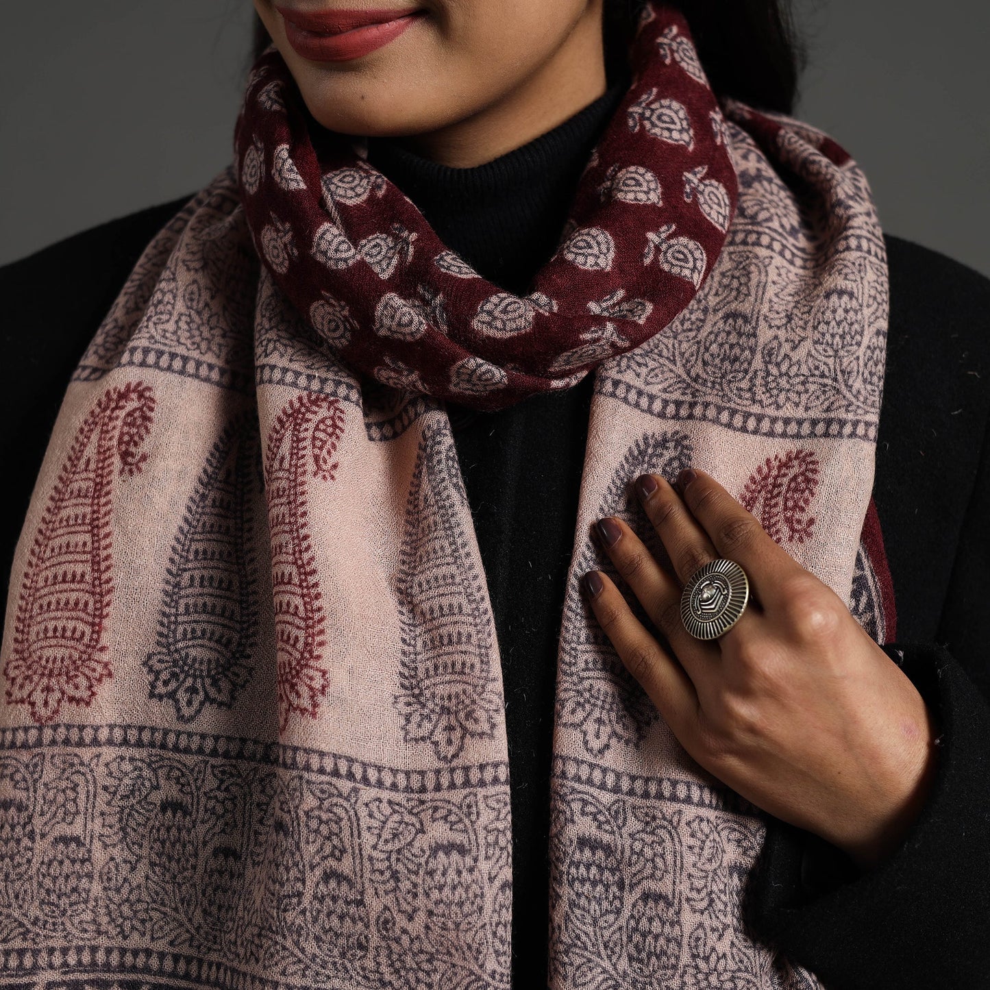 Maroon Bagh Hand Block Printed Woollen Stole