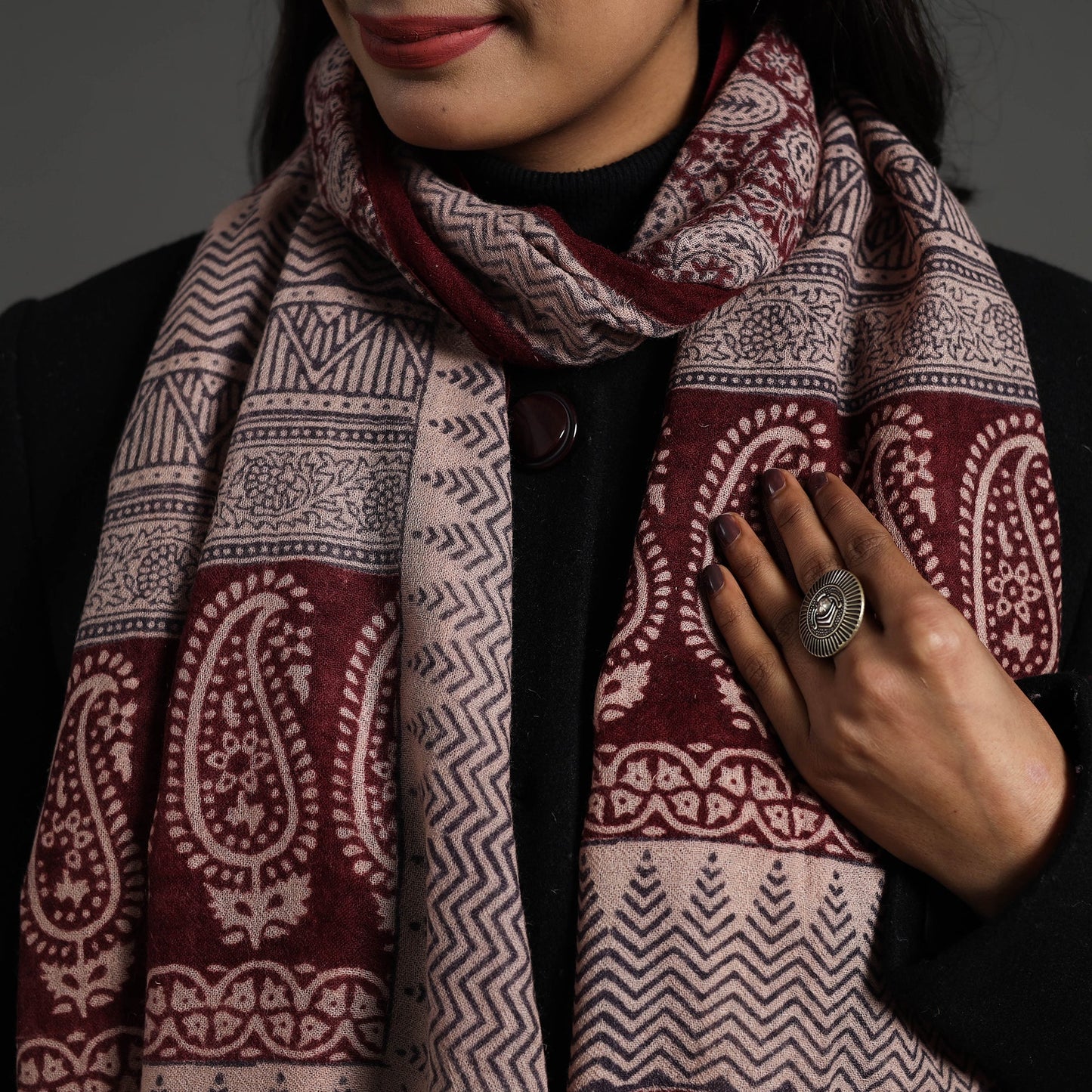 Maroon - bagh hand printed woollen stole 18 - handcrafted
