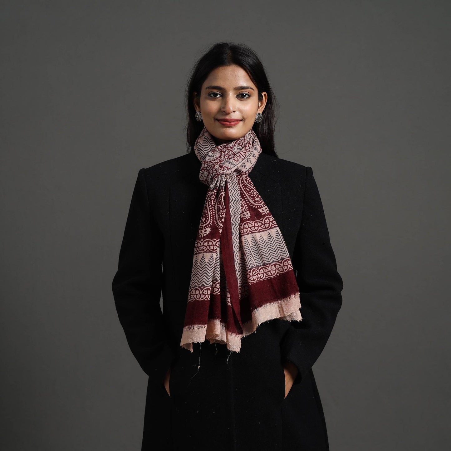 Maroon - bagh hand printed woollen stole 18 - handcrafted