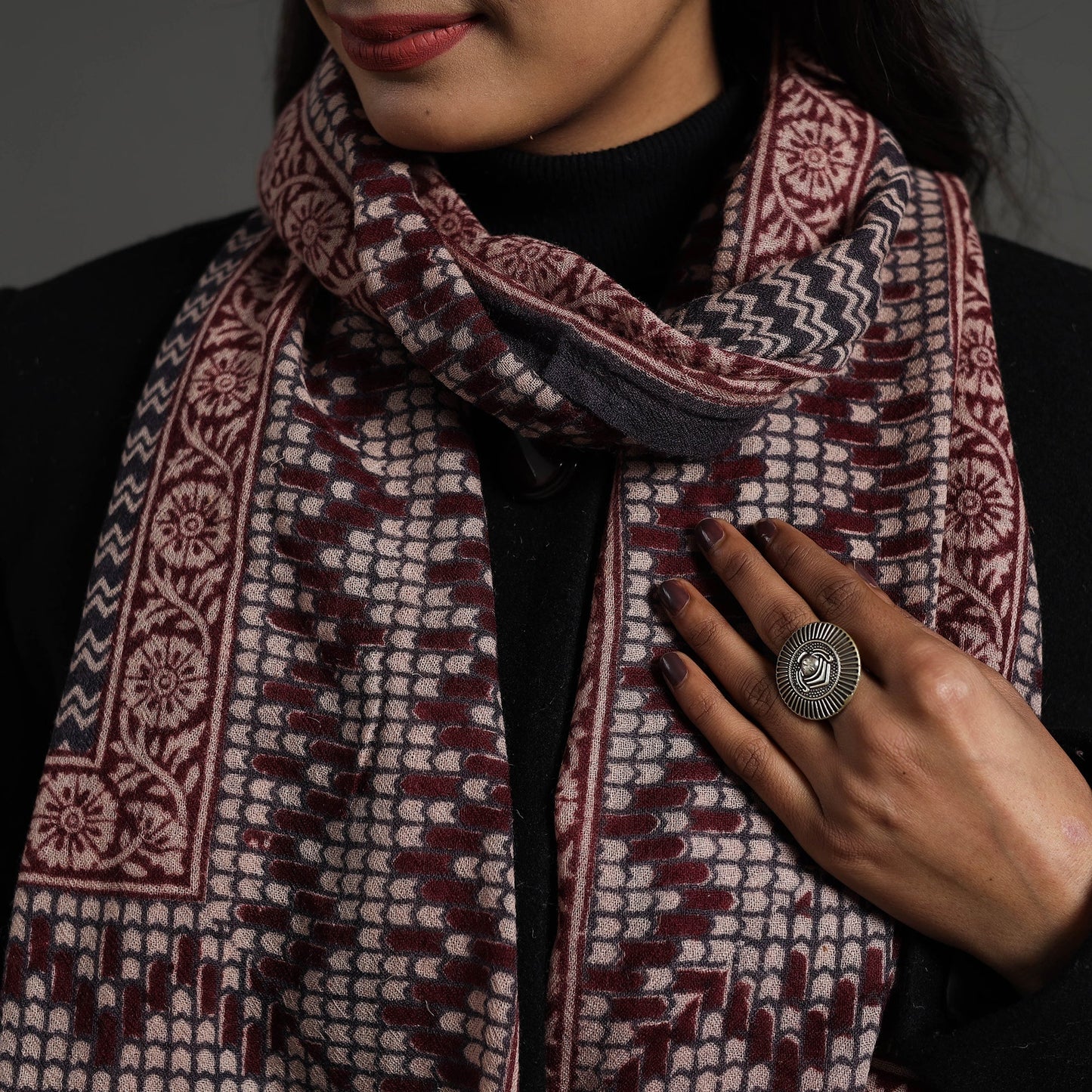 Maroon Bagh Hand Block Printed Woollen Stole