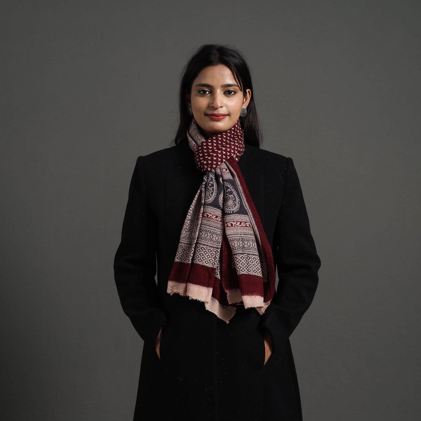 Maroon - bagh hand printed woollen stole 24 - handcrafted