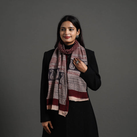 Maroon - bagh hand printed woollen stole 24 - handcrafted