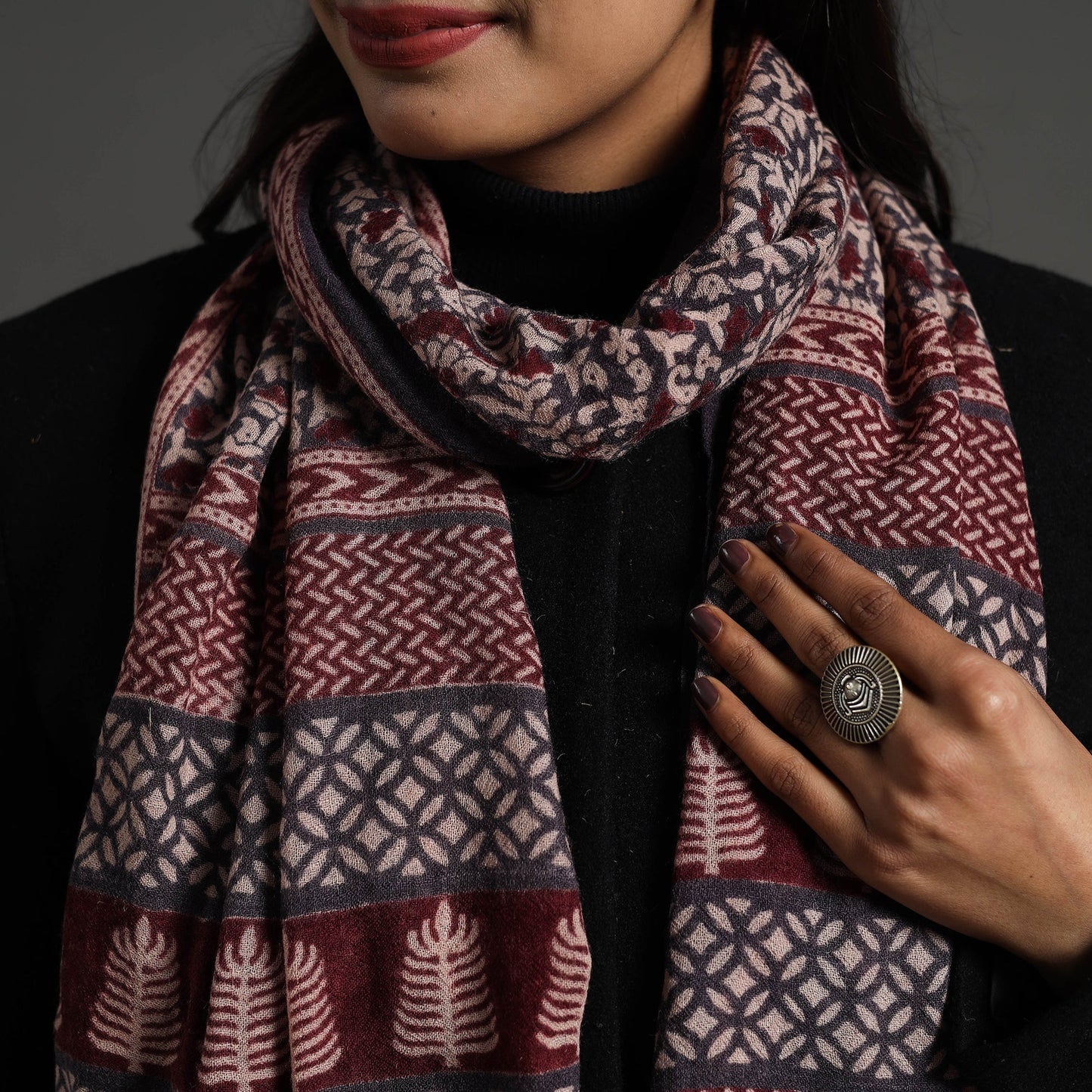 Maroon Bagh Hand Block Printed Woollen Stole