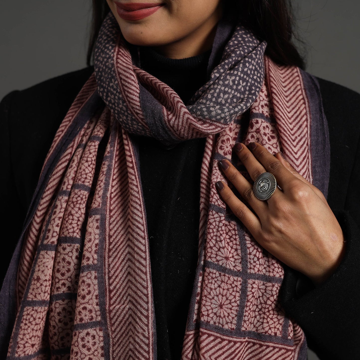 Maroon - bagh hand printed woollen stole 33 - handcrafted