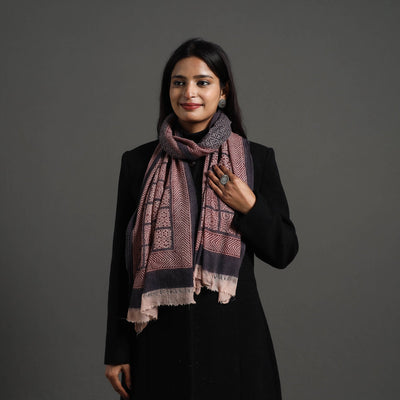 Maroon - bagh hand printed woollen stole 33 - handcrafted