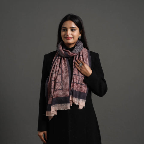 Maroon - bagh hand printed woollen stole 33 - handcrafted