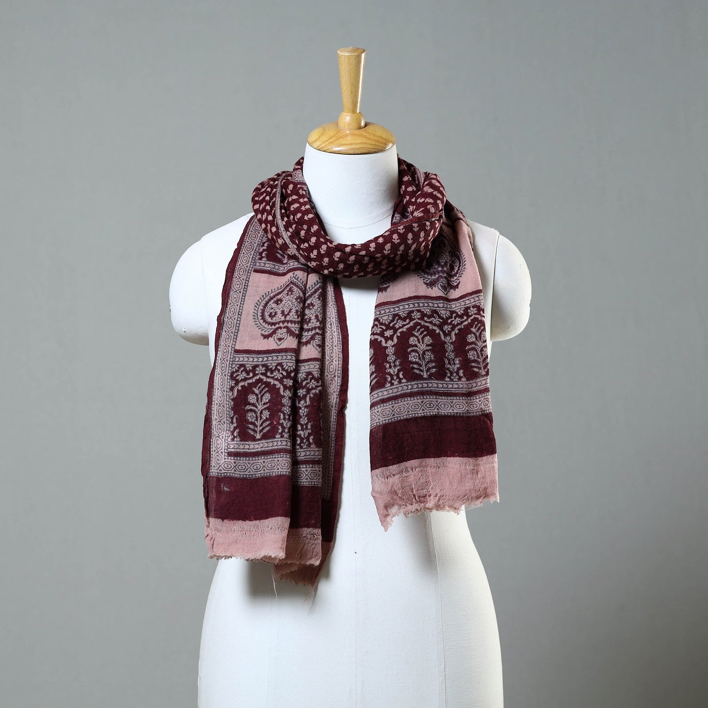 Maroon - bagh hand printed woollen stole 34 - handcrafted