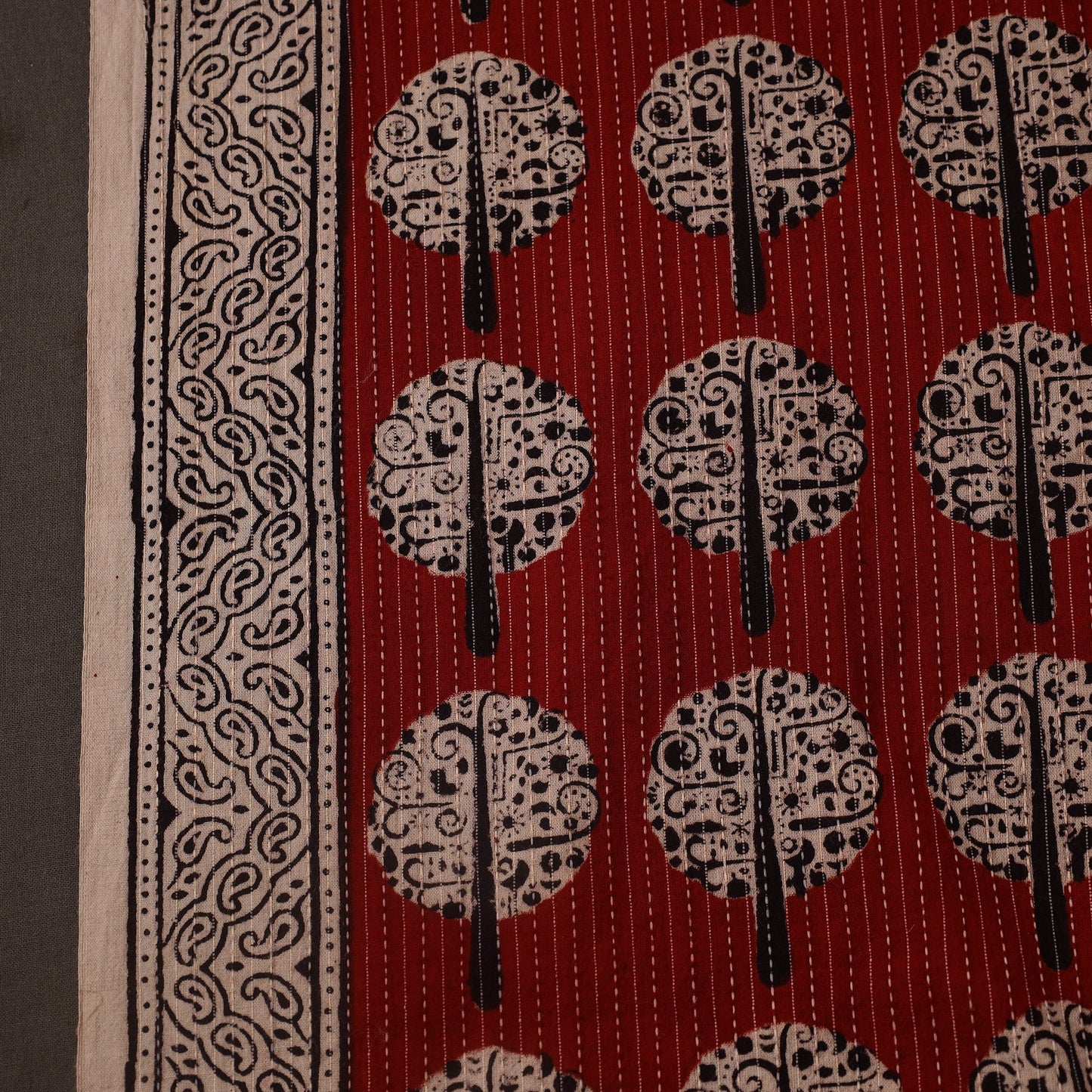 Red Bagh Block Print Kantha Work Natural Dyed Cotton Fabric