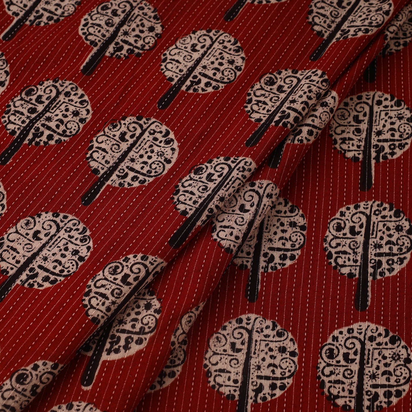 Red Bagh Block Print Kantha Work Natural Dyed Cotton Fabric