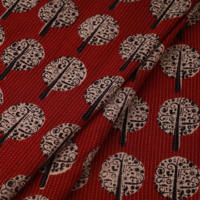 Red Bagh Block Print Kantha Work Natural Dyed Cotton Fabric